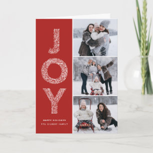 JOY Foliage Typography Red Christmas Photo Collage Holiday Card