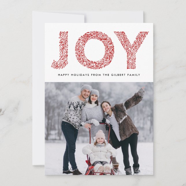 JOY Foliage Typography Red Christmas Photo Holiday Card (Front)