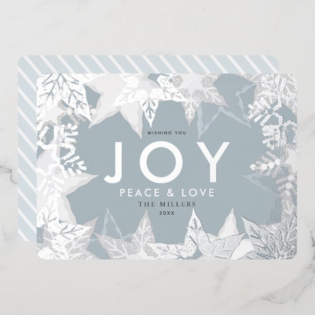 JOY Frosted Snowflakes Silver Foil Holiday Card (Front/Back)