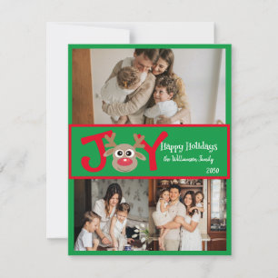 JOY Fun Cute 3 Photo Cartoon Reindeer Red Green Holiday Card