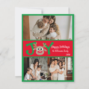 JOY Fun Cute 3 Photo Cartoon Reindeer Red Green Holiday Card