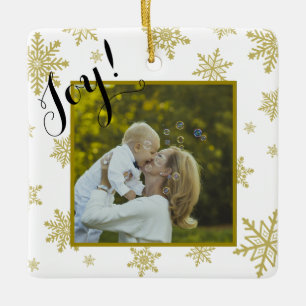 Joy! Fun Gold & white Snowflakes Christmas Photo Ceramic Ornament