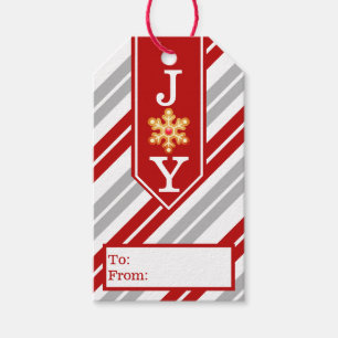 Joy Gingerbread Snowflake Red & Grey Stripes Gift Tags