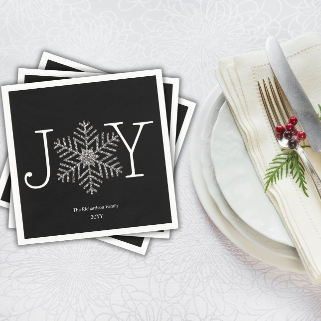 Joy Glittery Snowflake Family Name and Year Napkin (Creator Uploaded)