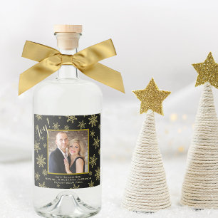 Joy! Gold & Black Holiday Photo Festive Snowflakes Liquor Bottle Label