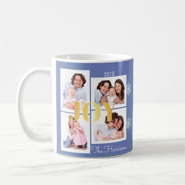 Joy Gold Blue Family Photo Collage Christmas Coffee Mug (Left)