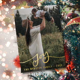 Joy Gold Brush Script Red Personalised Photo Gold  Foil Holiday Card