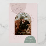 Joy. Gold Christmas pink modern geometric arch Foil Holiday Card<br><div class="desc">"Joy" Gold modern photo Christmas card with geometric arch in pink blush green colour for winter Holiday.</div>