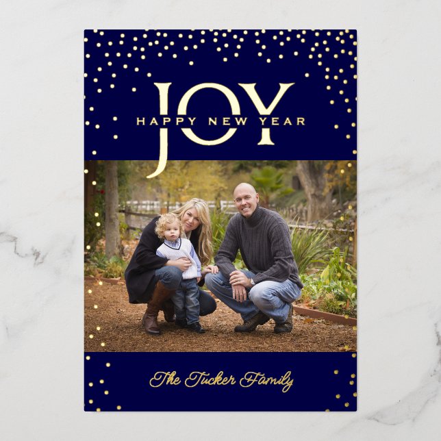 JOY Gold Confetti Dark Blue Happy New Year 2-Photo Foil Holiday Card (Front)