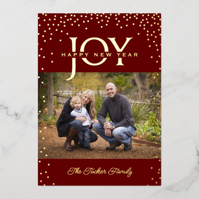 JOY Gold Confetti Dark Red Happy New Year Photo Foil Holiday Card (Front)