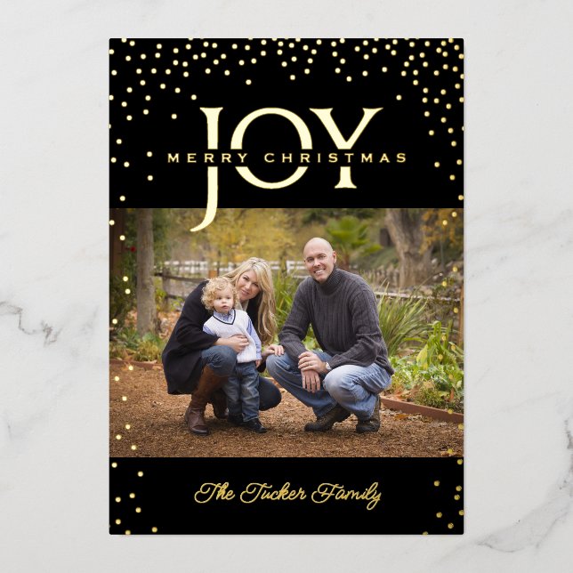 JOY Gold Confetti on Black Merry Christmas 2-Photo Foil Holiday Card (Front)