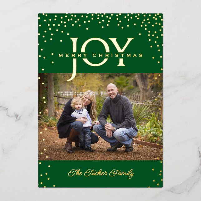 JOY Gold Confetti on Green Merry Christmas Photo Foil Holiday Card (Front)