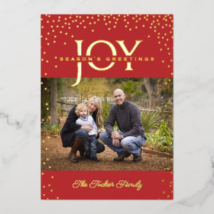 JOY Gold Confetti Red Season's Greetings 2-Photo Foil Holiday Card