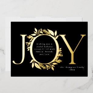 Joy Gold Foil Foliage Berry Wreath Photo black Foil Holiday Card