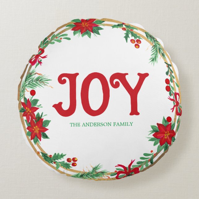 Joy Gold Red White Green Leaves Wreath Christmas Round Cushion (Front)