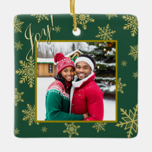 Joy! Gold Snowflakes Hunter Green Holiday Photo Ceramic Ornament