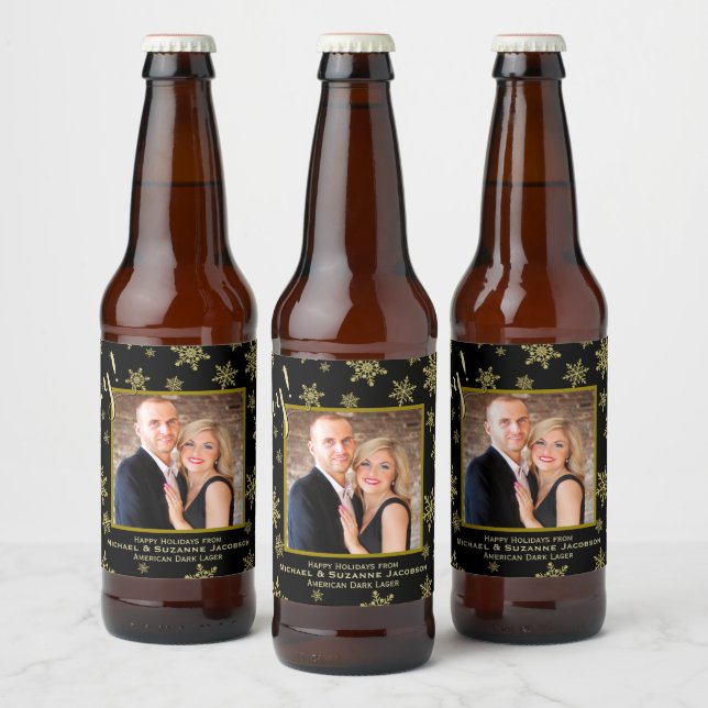 Joy! Gold Snowflakes with Photo Festive Holiday Beer Bottle Label (Bottles)