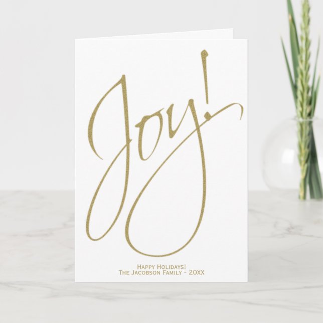 Joy! Gold & White Modern Script Chic Holiday Photo Card (Front)