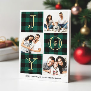 JOY   Green Buffalo Plaid Photo Collage Holiday Card