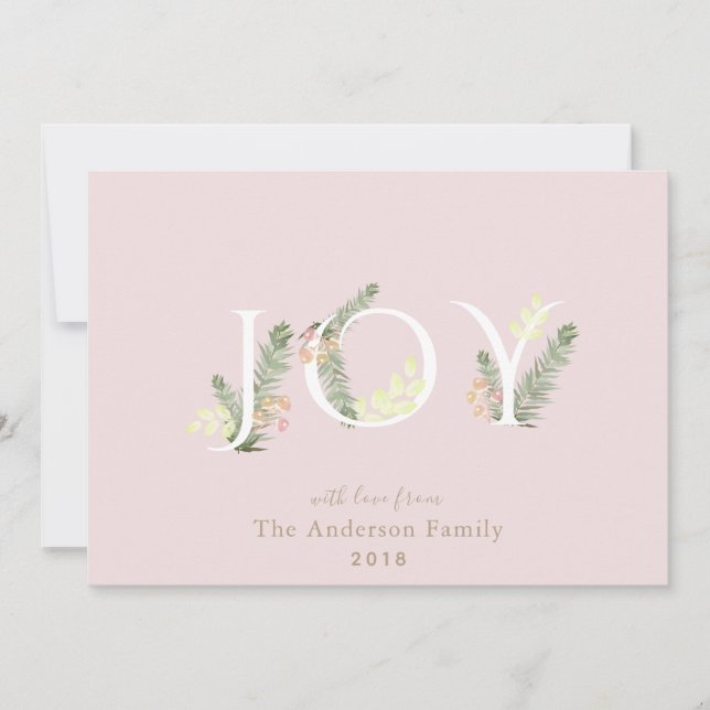JOY Green Floliage Blush Pink Christmas Card (Front)