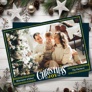 JOY Green Gold Script Minimalist Photo Christmas Holiday Card