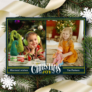 JOY Green Gold Script Minimalist Photo Christmas Holiday Card