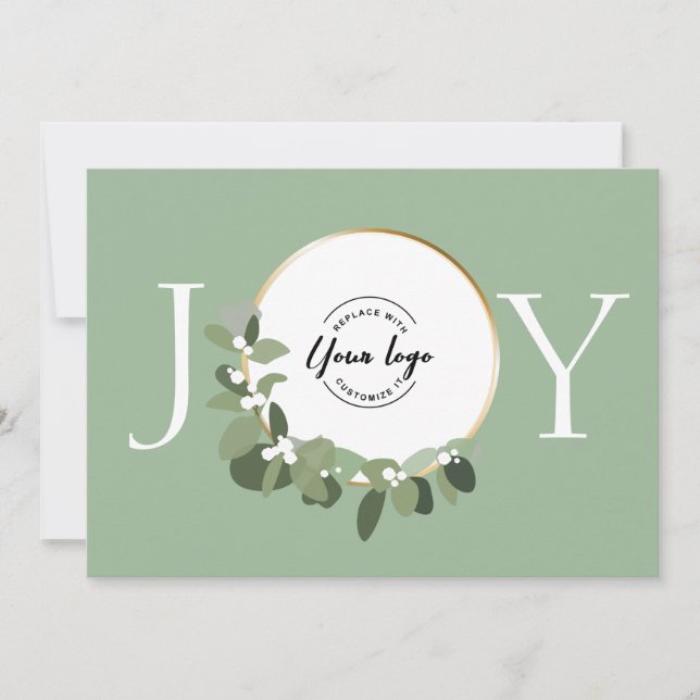 Joy Green White Gold Wreath Modern Custom Logo Holiday Card (Front)