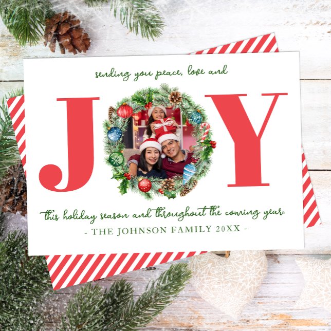 JOY Greenery Watercolor Christmas Photo Card (Christmas Wreath Holiday Card)