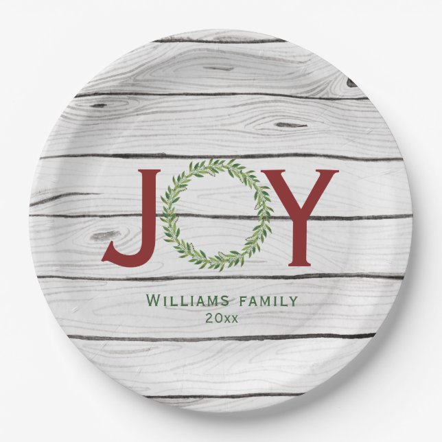 Joy Greenery Wreath Family Christmas  Paper Plate (Front)