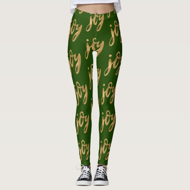 Joy Hand Lettered Script Gold Christmas Holiday Leggings (Front)