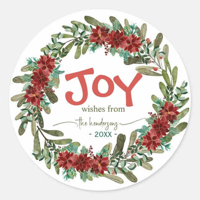 Joy Handwritten Script Name Red Christmas Wreath  Classic Round Sticker (Front)