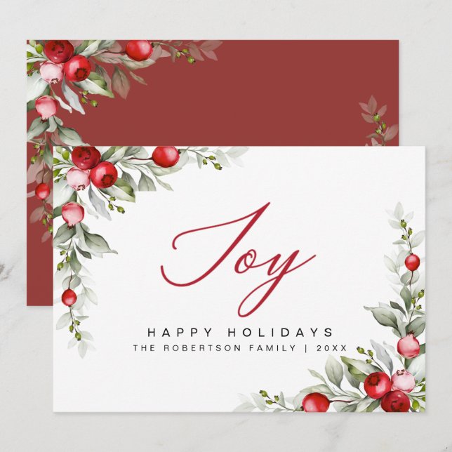 Joy Happy Holidays Botanical Berry Greeting Card (Front/Back)
