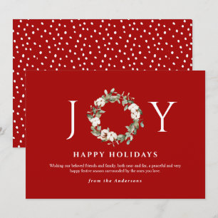 Joy Happy Holidays Watercolor Wreath Red & White Holiday Card