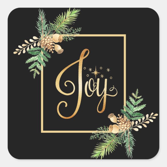 “JOY” Holiday Floral Pines Christmas Holiday Square Sticker (Front)