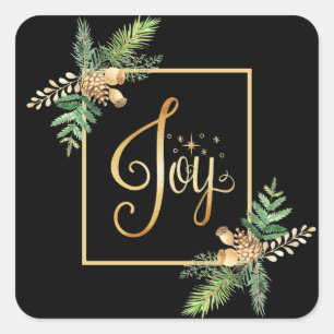 “JOY” Holiday Floral Pines Christmas Holiday Square Sticker
