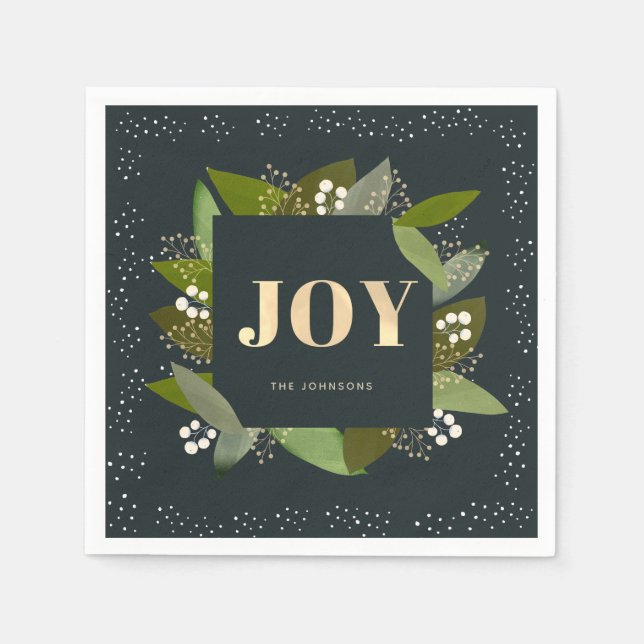 JOY Holiday Foliages Navy Blue Paper Napkins (Front)