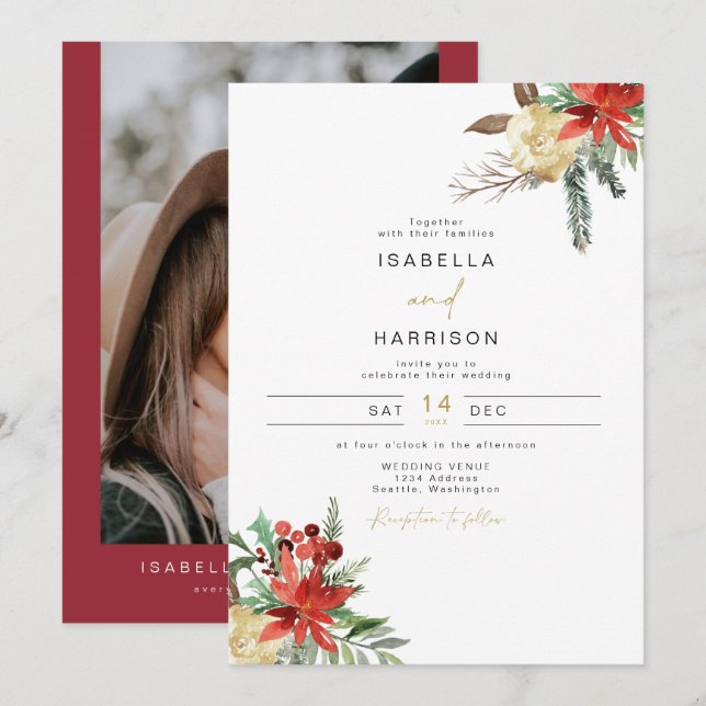 JOY Holiday Poinsettia Winter Red Floral Wedding Invitation (Front/Back)
