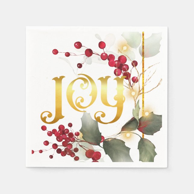 JOY Holiday Pointesettias Holly Berries  Napkin (Front)