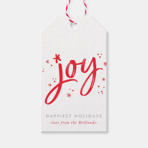 JOY HOLIDAY stylish simple modern fun red sparkles Gift Tags