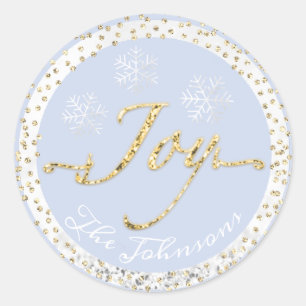 Joy Holidays Name Snowflakes Gold Blue Glitter Classic Round Sticker