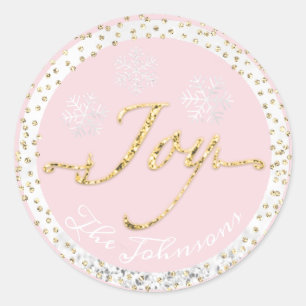 Joy Holidays Name Snowflakes Gold Pink Grey Classic Round Sticker