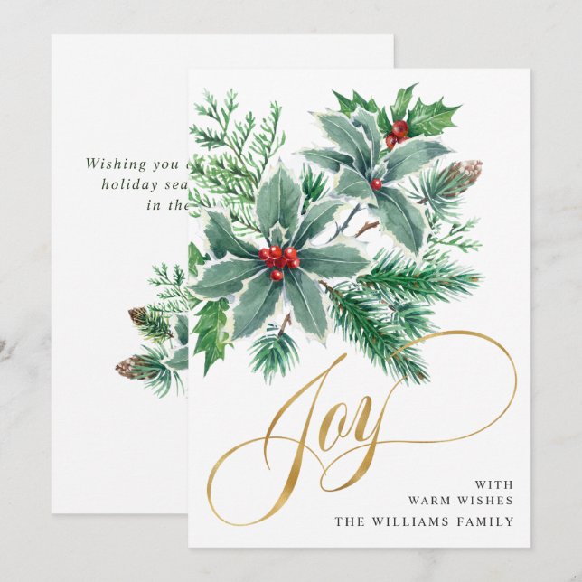 JOY Holly Berry Branch Christmas Greeting Holiday Card (Front/Back)