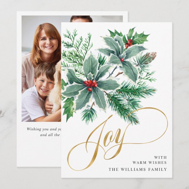 JOY Holly Berry Branch Christmas Greeting PHOTO Holiday Card (Front/Back)
