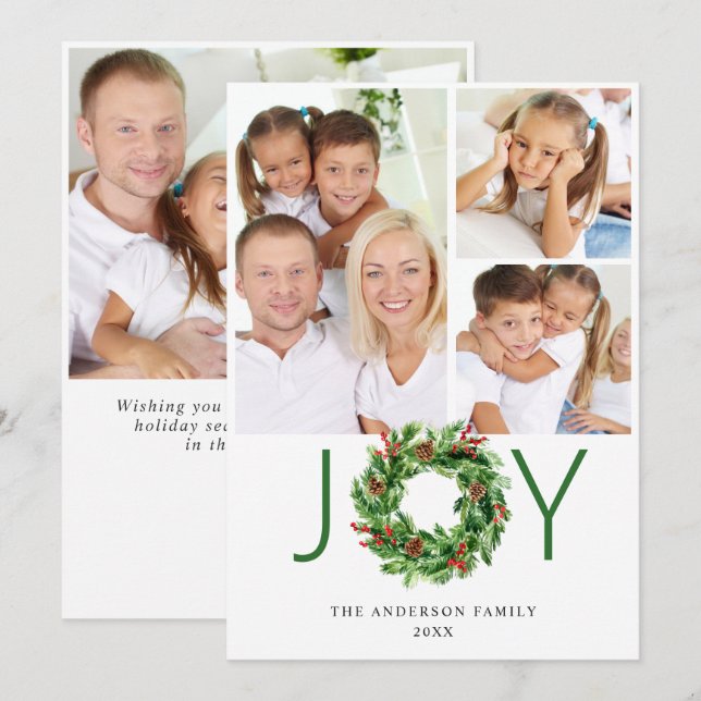 Joy Holly Berry Pine Christmas Wreath 4 PHOTO Holiday Card (Front/Back)
