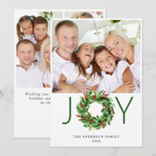 Joy Holly Berry Pine Wreath 4 PHOTO Greeting Holiday Card