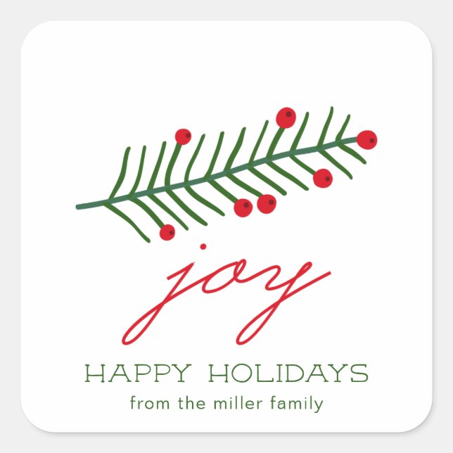 Joy Holly branch Christmas Holiday Square Sticker (Front)