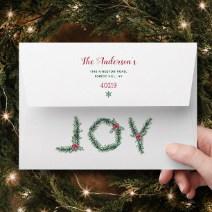 "Joy" Holly Branches Christmas Return Address Envelope