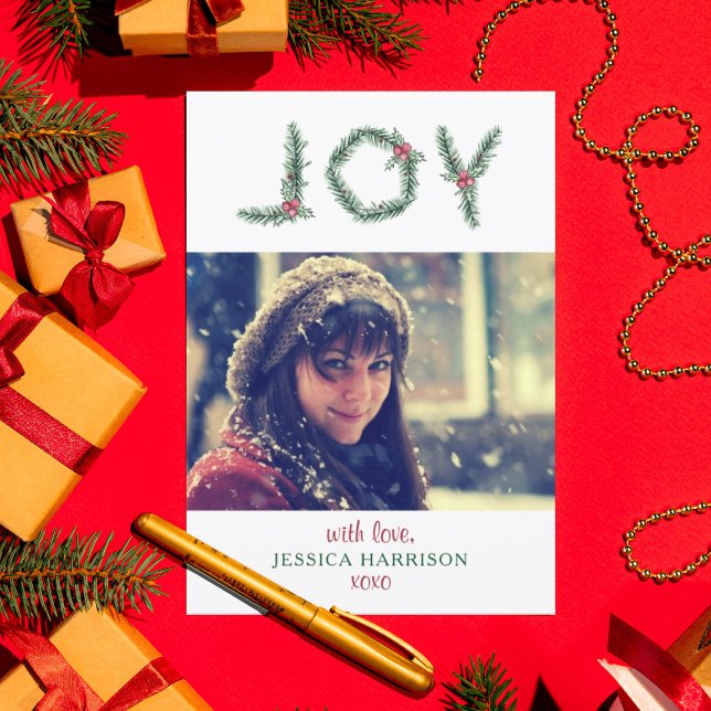 "Joy" Holly Branches Photo Christmas Card (Creator Uploaded)