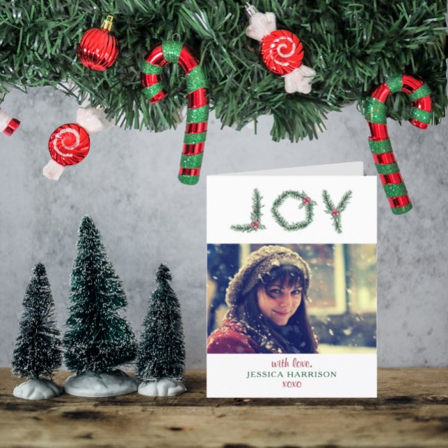 "Joy" Holly Branches Photo Christmas Holiday Card (Creator Uploaded)