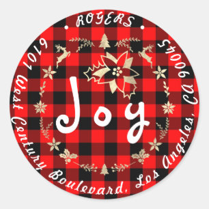 Joy Holly Holiday Return Address Buffalo Plaid Red Classic Round Sticker
